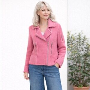 ONE GIRL WHO Anthropologie Moto Sweater Jacket Wool Blend Zippers Pink Sz M